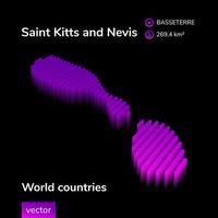 Saint Kitts and Nevis 3D map is in violet and pink colors on black background. Stylized striped vector neon map.