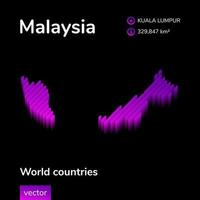 mapa 3d de malasia. el mapa vectorial isométrico rayado estilizado de malasia está en colores violeta neón y púrpura sobre fondo negro vector