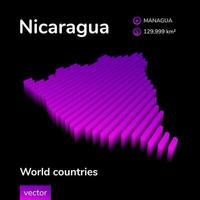 Nicaragua mapa 3d. el mapa de nicaragua del vector rayado isométrico digital simple de neón estilizado está en colores violetas sobre fondo negro