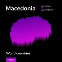 Macedonia 3D map. Stylized neon simple digital isometric striped vector Map in violet and pink colors on the black background