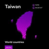 Taiwan 3D map. Stylized neon simple digital isometric striped vector Map of Taiwan is in violet colors on black background. Educational banner