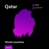 Qatar 3D map. Stylized neon simple digital isometric striped vector Map of Qatar is in violet colors on black background. Educational banner