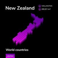 Zealand 3D map. Stylized neon simple digital isometric striped vector Map is in violet colors on black background.