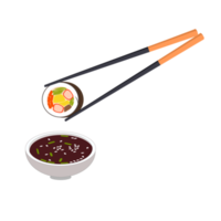 Gimbap from rice, seafood and seaweed. With chopstick and soy sauce png