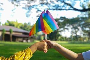 Asian lesbian couple holding hands holding LGBT flag to show love Pride of being LGBT. soft and selective focus. photo