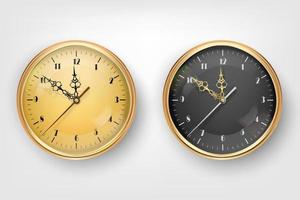 Vector 3d Realistic Classic Metal Golden Wall Office Clock Icon Set Closeup Isolated on Transparent Background. White and Black Dial with Roman Numeral. Design Template for Mockup. Front View.