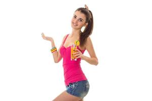 Summer portrait of young cheerful girl with cockatil isolated on white background photo