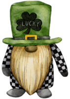 Duende del día de San Patricio con tréboles de cuatro hojas, tarjeta de felicitación, gnomos con trébol y símbolos de suerte. ilustración acuarela verde colección de enanos escandinavos en estilo celta, irlandés png