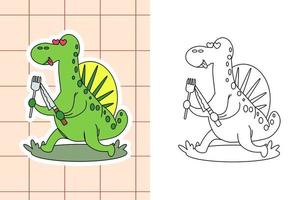 página para colorear de dinosaurios y pegatina para niños pequeños vector