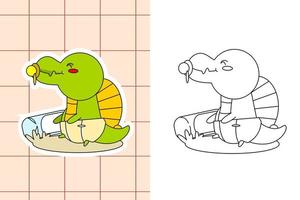 página para colorear de dinosaurios y pegatina para niños pequeños vector