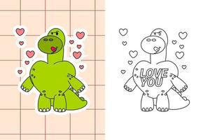 página para colorear de dinosaurios y pegatina para niños pequeños vector