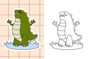 página para colorear de dinosaurios y pegatina para niños pequeños vector