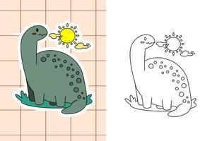 página para colorear de dinosaurios y pegatina para niños pequeños vector