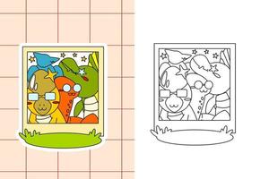 página para colorear de dinosaurios y pegatina para niños pequeños vector