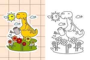 página para colorear de dinosaurios y pegatina para niños pequeños vector