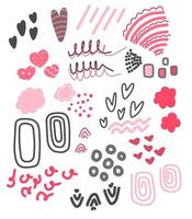 Colored vector set of abstract elements, inkblots and doodle elements. Elements are pink, red, black. Artistic collection for the design of business cards, postcards, banners, invitations