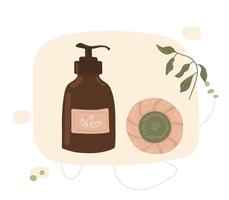 Natural eco cosmetics. Illustration organic Cream, gel and soap. Brown soap jar. vector