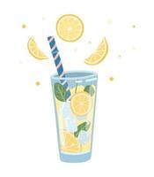 Lemon lemonade with ice. Illustration of a refreshing summer cocktail with lemon and mint. vector