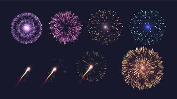 Realistic fireworks collection on dark background with trails and sparkles vector