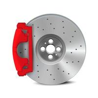 Vector realistic, 3D auto brake disc and red caliper isolated on white background.