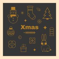 Gold linear Christmas element set, geometric Christmas icon collection on black, winter holiday vector symbols, minimalist geometric tree, rabbit, sock, snowman, ball, stars New Year illustration