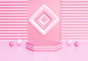 Sweet pink podium with abstract art objects. Stand to show products. Stage showcase with minimal scene. Pedestal display with copy space. 3D rendering. Studio platform template.