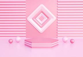 Sweet pink podium with abstract art objects. Stand to show products. Stage showcase with minimal scene. Pedestal display with copy space. 3D rendering. Studio platform template. photo