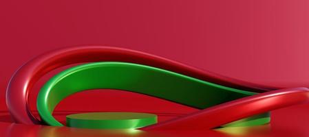 Green and Red Podium with decorative curve objects. Stand to show products. Modern pedestal display with copy space. Banner size. Website cover template. Merry Christmas theme. 3D rendering.