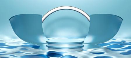 Blue cylinder podium with water surface texture on blue background.  Stand to show products. Fresh and healthy concept. Pedestal with copy space. Banner size. Website cover template. 3D rendering.