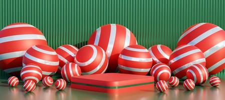 Red podium with decorative red balls on green background. Stand to show products. Modern pedestal display with copy space. Banner size. Website cover template. Merry Christmas theme. 3D rendering.
