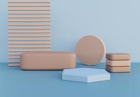 Blue and beige podium with abstract art objects. Stand to show products. Stage showcase with modern scene. Pedestal display with copy space in minimal style. 3D rendering. Studio platform template.