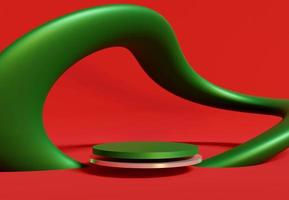 Podium with decorative curve objects on red background. Stand to show products. Modern pedestal display with copy space.  Merry Christmas theme ideal for website, card, wallpaper. 3D rendering.