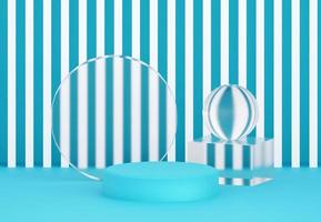 Cyan podium with abstract glass texture objects and white stripes wall. Stand to show products. Stage showcase with modern scene. Pedestal display with copy space. 3D rendering.