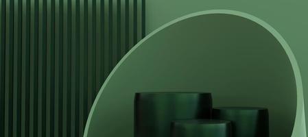 Green podium with abstract art objects. Stand to show products. Stage showcase with modern scene. Pedestal display with copy space. 3D rendering. Studio platform template. photo