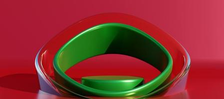 Green and Red Podium with decorative curve objects. Stand to show products. Modern pedestal display with copy space. Banner size. Website cover template. Merry Christmas theme. 3D rendering.