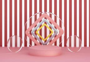Pink podium with abstract glass texture objects and white stripes wall. Stand to show products. Stage showcase with modern scene. Pedestal display with copy space. 3D rendering.