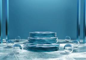 Blue podium with ice texture and abstract art objects. Stand to show products. Stage showcase with modern scene. Pedestal display with copy space. 3D rendering.