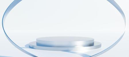 Shiny silver cylinder podium with light white background.  Stand to show products. Modern and luxury pedestal display with copy space. Banner size. Website cover template. 3D rendering.