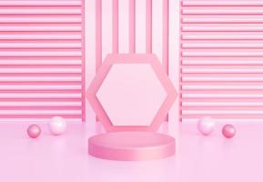 Sweet pink podium with abstract art objects. Stand to show products. Stage showcase with minimal scene. Pedestal display with copy space. 3D rendering. Studio platform template. photo