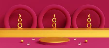 Cylinder podium with geometric objects in bright pink. Stand to show products. Stage showcase with copy space. Wealth concept. Banner size. Website cover template. 3D rendering.