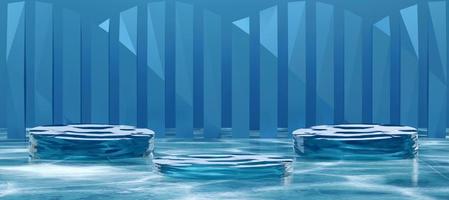 Three blue cylinder podiums with water surface texture.  Stand to show products. Fresh ocean water pedestal display with copy space. Banner size. Website cover template. 3D rendering. photo