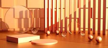 Metallic coral podium with abstract geometric objects. Stand to show products. Stage showcase with copy space. Pedestal display. Banner size. Website cover template. 3D rendering.