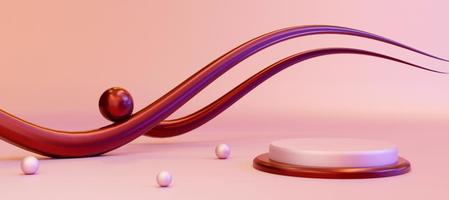 Pink and Red cylinder podium with decorative waves on pink background.  Stand to show products. Beautiful pedestal display with copy space. Banner size. Website cover template. 3D rendering. photo