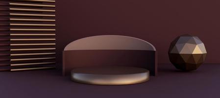 Elegant podium with  abstract art objects. Stand to show products. Stage showcase with copy space. Pedestal display. Banner size. Website cover template. 3D rendering. photo