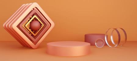 Metallic coral podium with abstract geometric objects. Stand to show products. Stage showcase with copy space. Pedestal display. Banner size. Website cover template. 3D rendering.