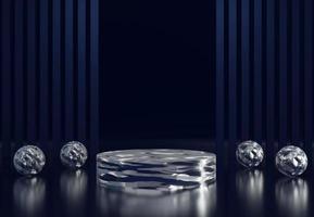 Ice texture podium with abstract art objects. Stand to show products. Stage showcase with modern scene. Pedestal display with copy space. 3D rendering. Studio platform template. photo