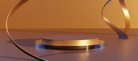 Bronze cylinder podium with decorative objects. Stand to show products. Golden luxury and modern pedestal display with copy space. Banner size. Website cover template. 3D rendering. photo