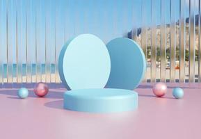 Blue podium with abstract art objects. Stand to show products. Stage showcase with pastel modern scene. Pedestal display with copy space. 3D rendering. Studio platform template.