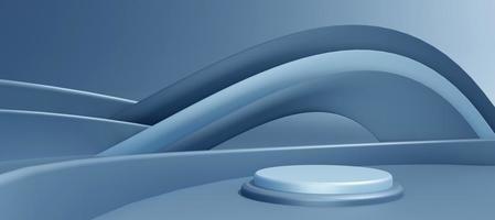 Blue cylinder podium with decorative objects on blue background.  Stand to show products. Modern pedestal display with copy space. Banner size. Website cover template. 3D rendering. photo
