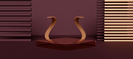 Elegant podium with  abstract art objects. Stand to show products. Stage showcase with copy space. Pedestal display. Banner size. Website cover template. 3D rendering. photo
